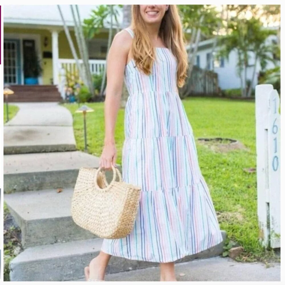 J. Crew 100% Cotton Poplin Dress White Multicolor Striped Tiered Pockets Size 8